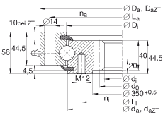 四點接觸球軸承 VSI200414-N, 標準系列 20， 內(nèi)部的齒輪齒，兩側(cè)唇密封