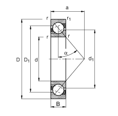 角接觸球軸承 7005-B-TVP, 接觸角 α = 40°