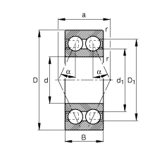 角接觸球軸承 3216-B-TVH, 根據 DIN 628-3 標準的主要尺寸，雙列，接觸角 α = 25°