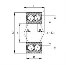 角接觸球軸承 30/8-B-2RSR-TVH, 雙列，雙側唇密封，接觸角 α = 25°