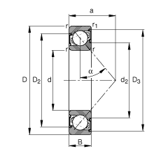 角接觸球軸承 7008-B-2RS-TVP, 接觸角 α = 40°, 兩側唇密封