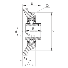 軸承座單元 RCJY45-JIS, 帶四個螺栓孔的法蘭的軸承座單元，鑄鐵， 根據(jù) JIS 標(biāo)準(zhǔn)，內(nèi)圈帶平頭螺釘， R 型密封